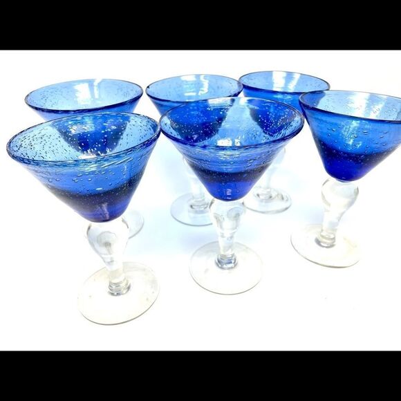 Set Of 6 HANDMADE Cocktail Martini Glasses Blue - Picture 1 of 6
